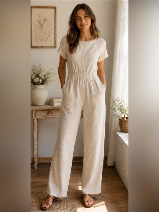 Mod Ref Pants - Beige Embroidered Wide Leg Jumpsuit, Cottagecore Boho Floral Romper